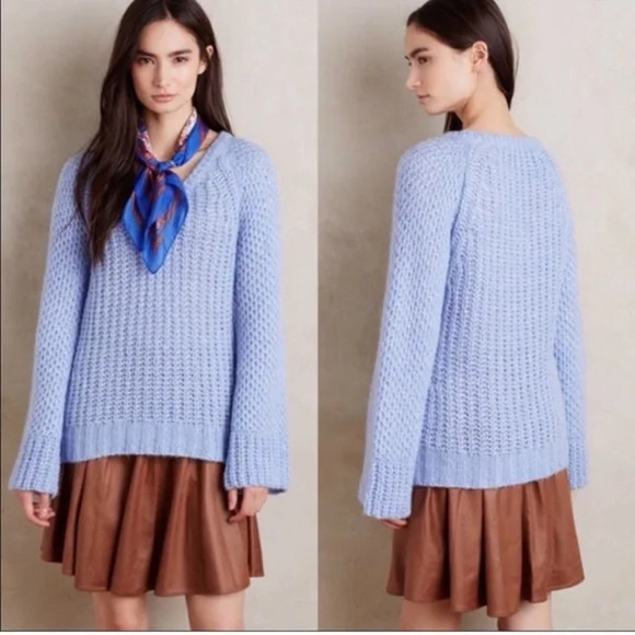 Anthropologie Sweaters - Anthropologie Moth Sweater Medium Blue Chunky Knit Bell Long Sleeve V-Neck